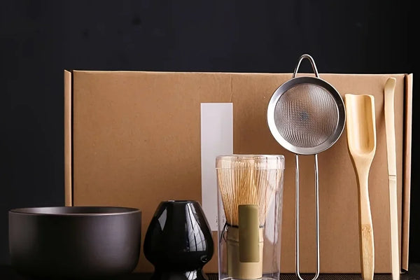 Matcha gift set in a kraft gift box with coffee brown bowl
