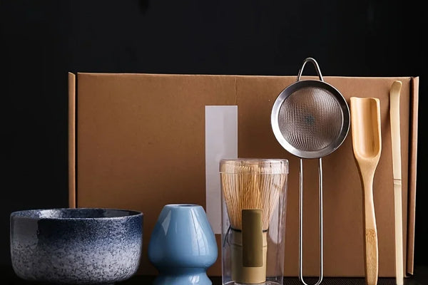 Matcha set with kiln glaze blue bowl and bamboo whisk