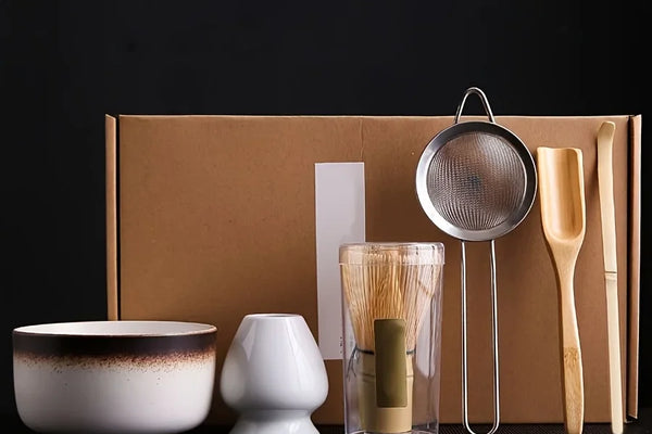 Matcha set with ceramic bowl, bamboo whisk, holder, sieve and scoop