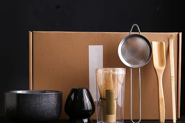 Matte black matcha gift set in a kraft gift box