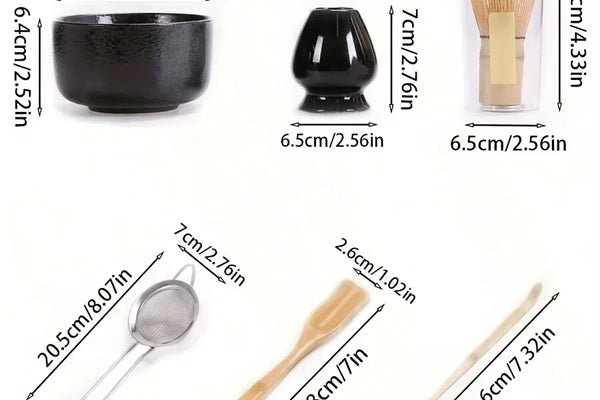 Matcha set tools with sizes: bowl, whisk holder, bamboo whisk, sieve, scoop and spoon