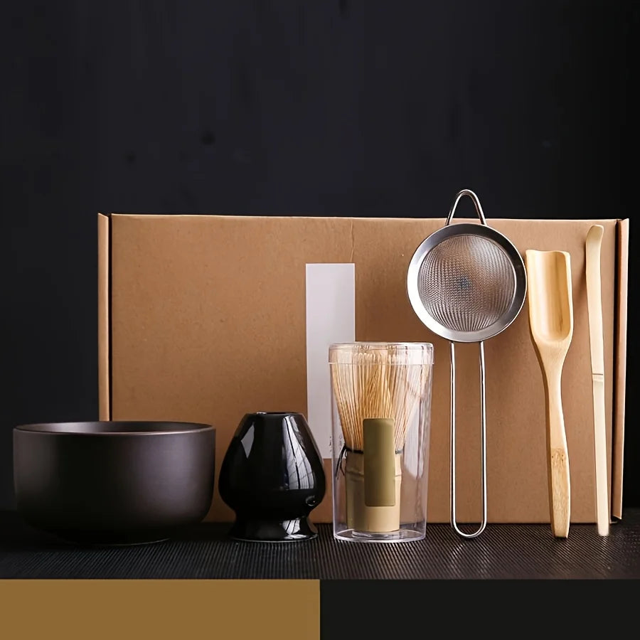 Matcha gift set with coffee brown bowl and black whisk holder