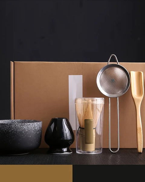 Matcha gift set with kiln glaze black bowl and matching whisk holder
