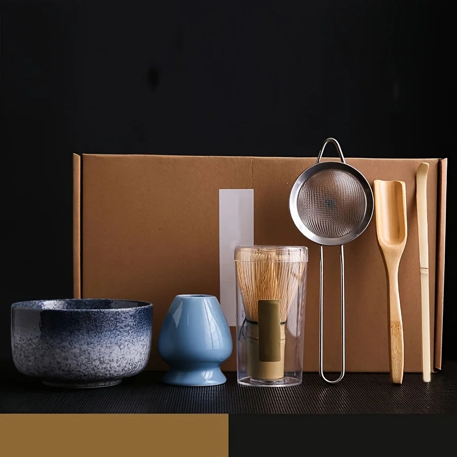 Matcha gift set with kiln glaze blue bowl and blue whisk holder