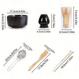 Matcha set dimensions: bowl 11.3cm wide by 6.4cm tall, whisk holder, whisk, sieve, scoop and spoon
